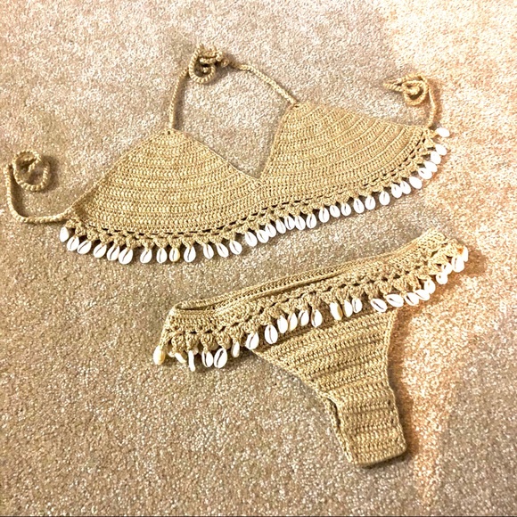 NWT S/M M/L crochet cowrie shell cheekini gold-beige wide thong low rise bikini - Picture 7 of 10